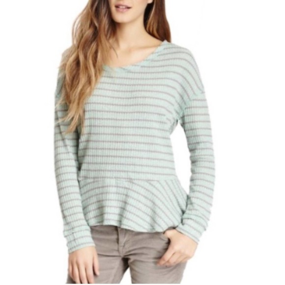 Free People Seaform Striped Knit Sweater Top Aquamarine Peplum Ruffle Hem Medium - Picture 2 of 12